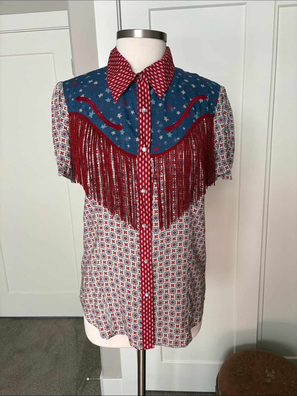 Double D Ranch Red, Blue, White Fringe Button-Down Western Shirt